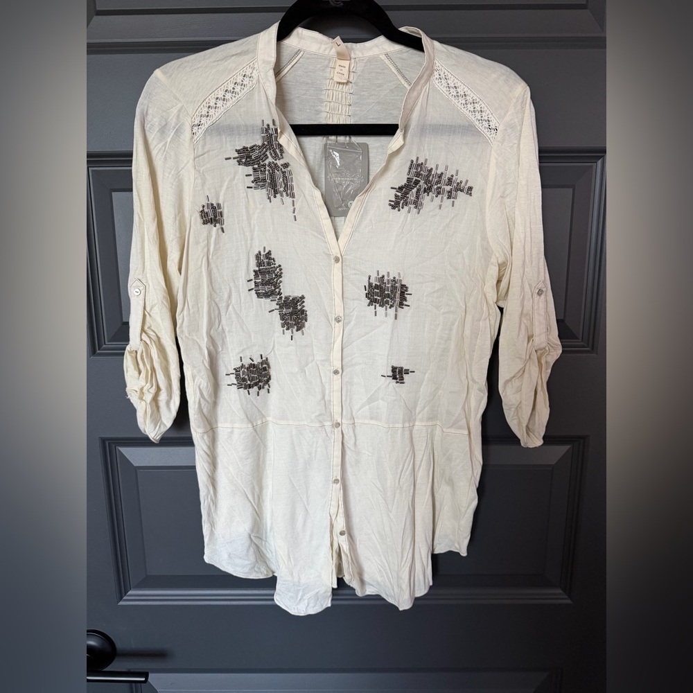 Embroidered Cream Button-Front Women's Top